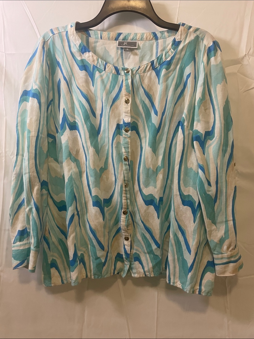 JM Collections Blue & White Wave Print Button-Front blouse